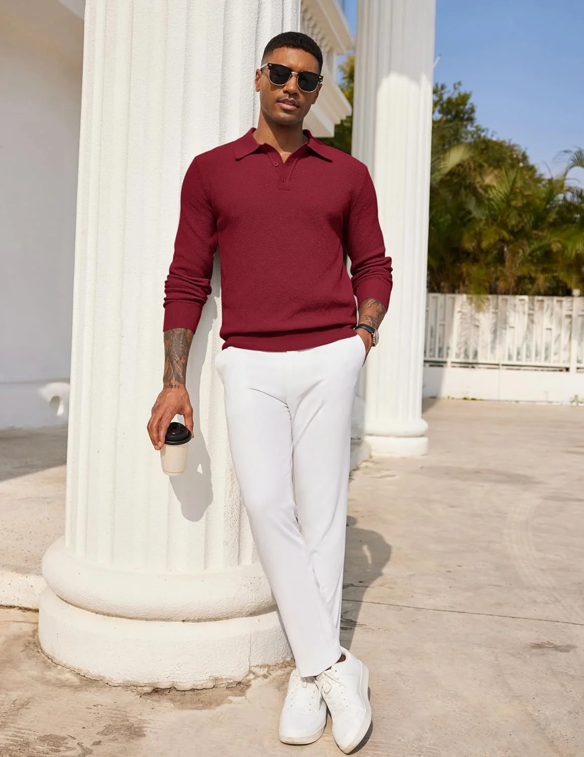 پیراهن پولو بافتنی مردانه آستین بلند یقه دار با بافت وافل