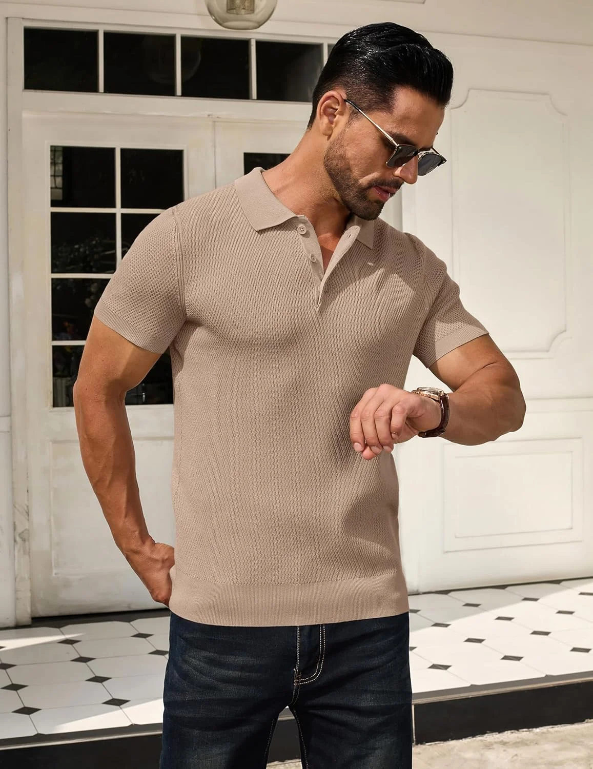 پولوشرت بافتنی مردانه COOFANDY آستین کوتاه، پیراهن گلف با بافت، تی شرت یقه دار غیر رسمی و شیک