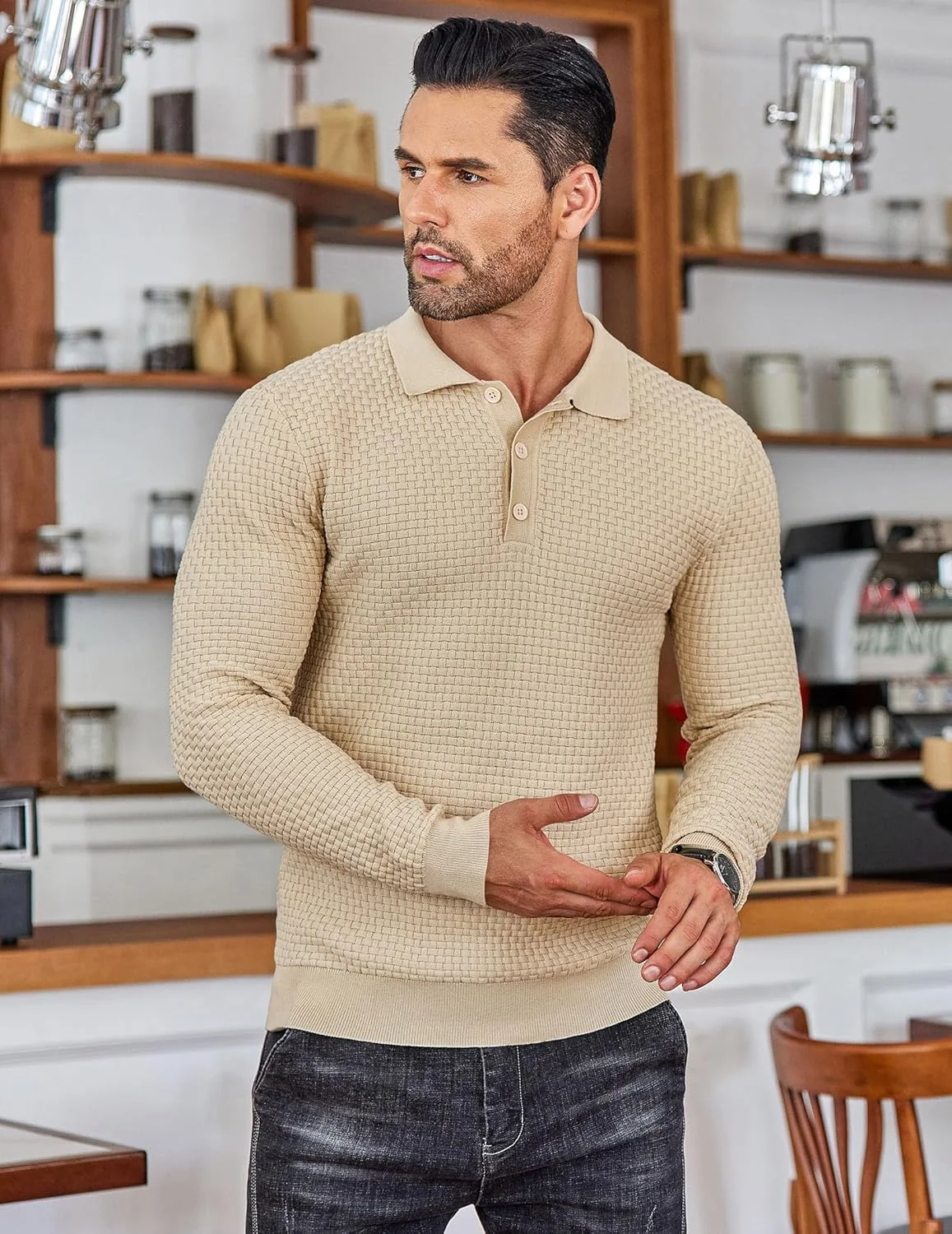 پولوشرت بافتنی آستین بلند مردانه COOFANDY، پیراهن یقه دار با بافت وافل