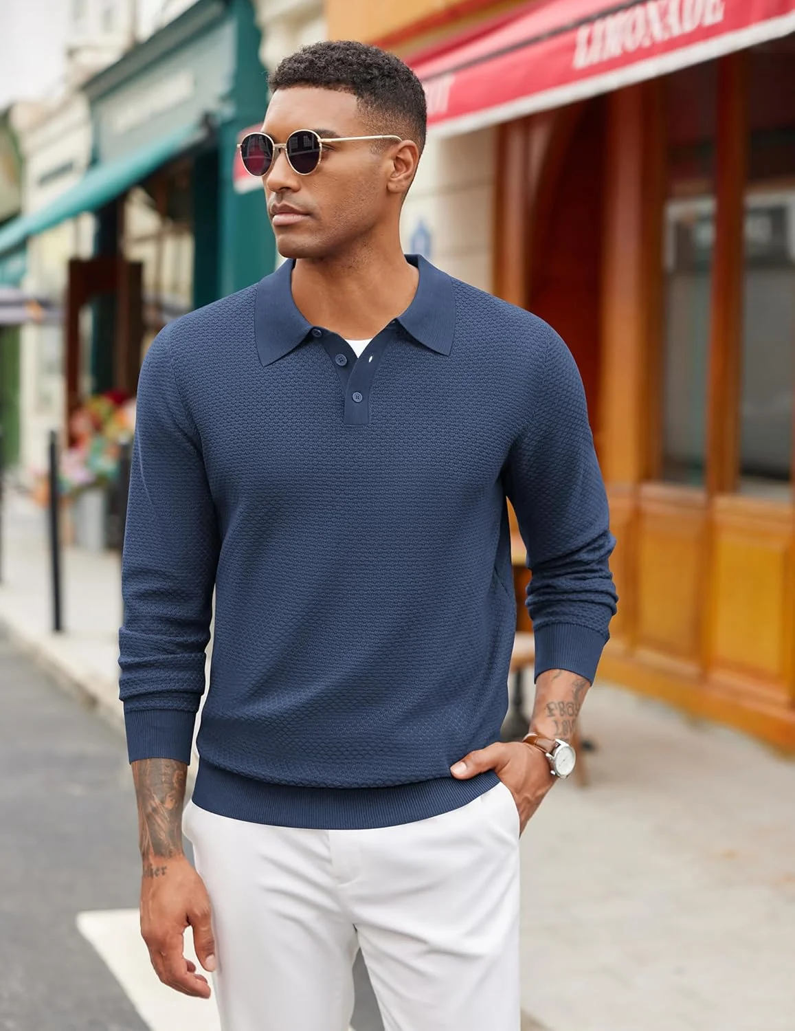 پلیور بافتنی مردانه COOFANDY آستین بلند یقه دار دکمه ای با بافت وافل