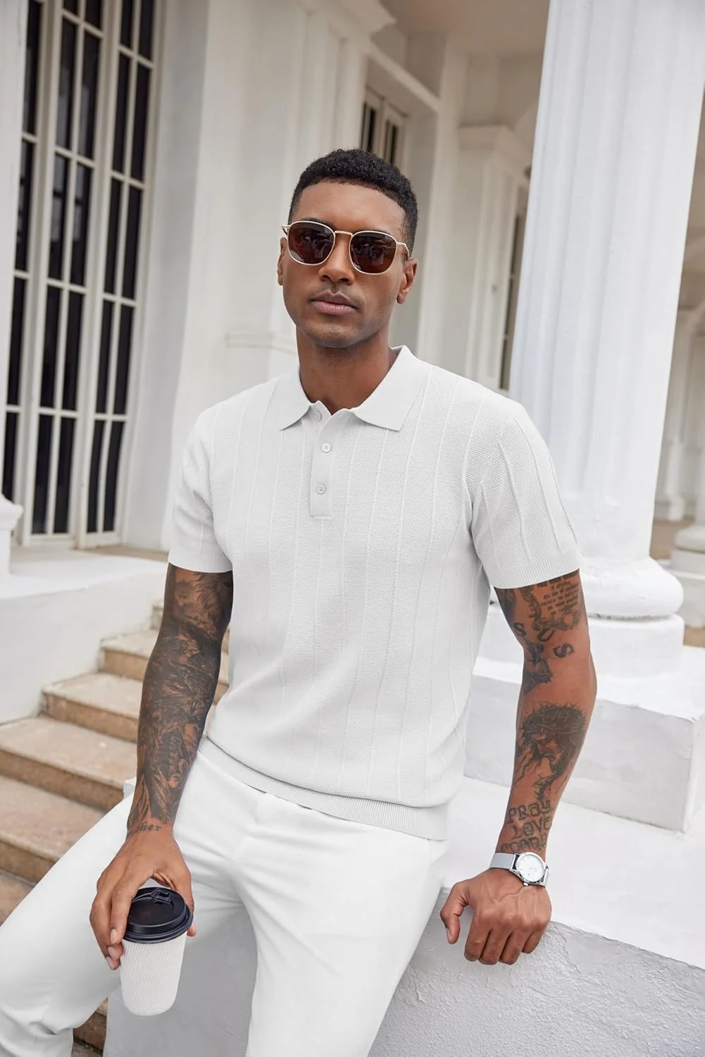 پولوشرت مردانه بافتنی آستین کوتاه یقه دار راه راه سفید