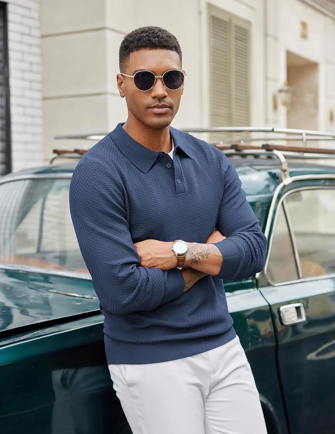 پلیور بافتنی مردانه COOFANDY آستین بلند یقه دار دکمه ای با بافت وافل