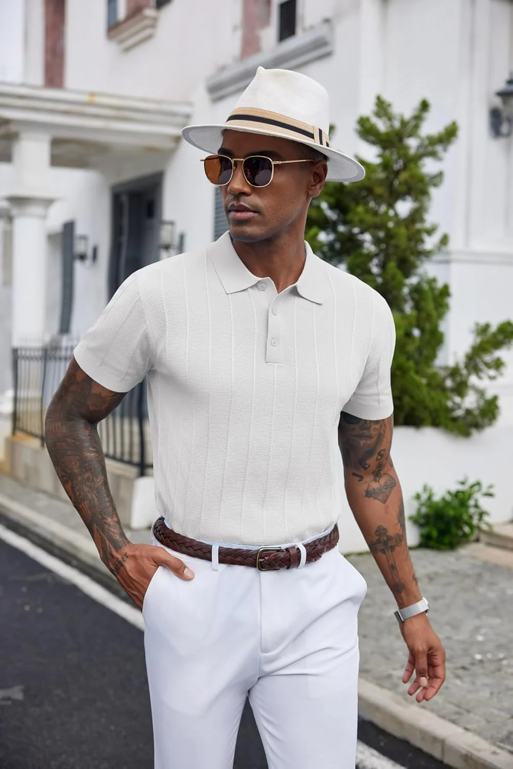 پولوشرت مردانه بافتنی آستین کوتاه یقه دار راه راه سفید