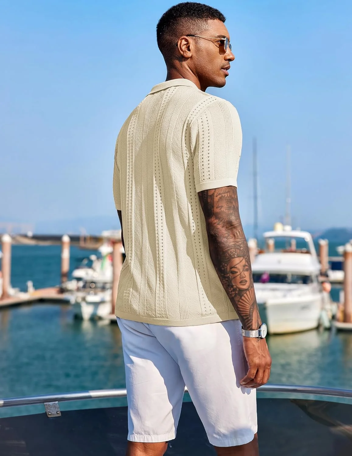 پیراهن مردانه ساحلی تابستانی آستین کوتاه دکمه دار بافتنی مدل پولو، پیراهن های تعطیلات غیر رسمی و شیک - رنگ کرم