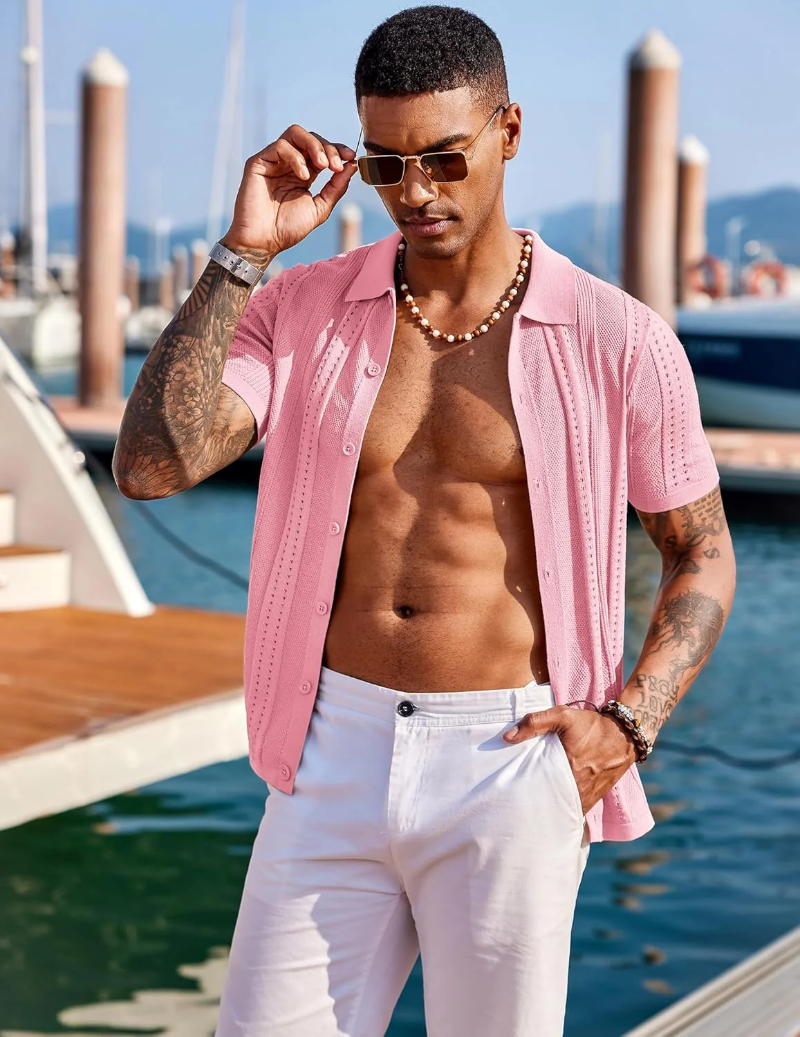 پیراهن آستین کوتاه مردانه با دکمه، بافتنی، مناسب ساحل، تابستانه، صورتی روشن