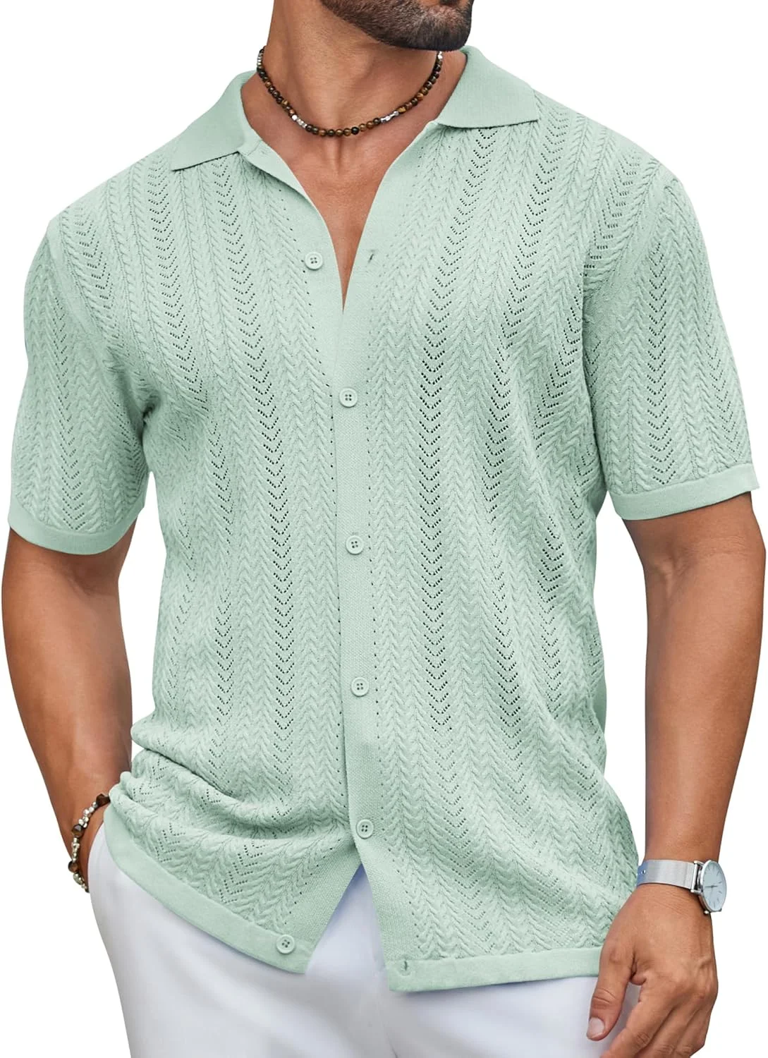 پیراهن بافت مردانه COOFANDY 2025 آستین کوتاه دکمه دار غیر رسمی مناسب تعطیلات ساحلی تابستانی