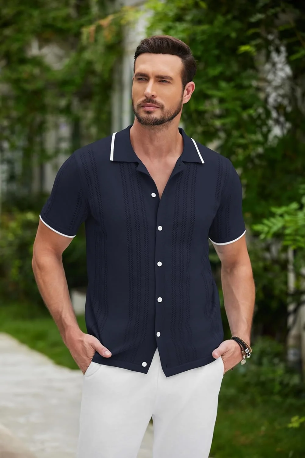 پیراهن آستین کوتاه مردانه COOFANDY، دکمه دار، بافتنی قلاب بافی، شیک، مدل پولو، آبی پیراهن آستین کوتاه مردانه COOFANDY، دکمه دار، بافتنی قلاب بافی، شیک، مدل پولو، آبی