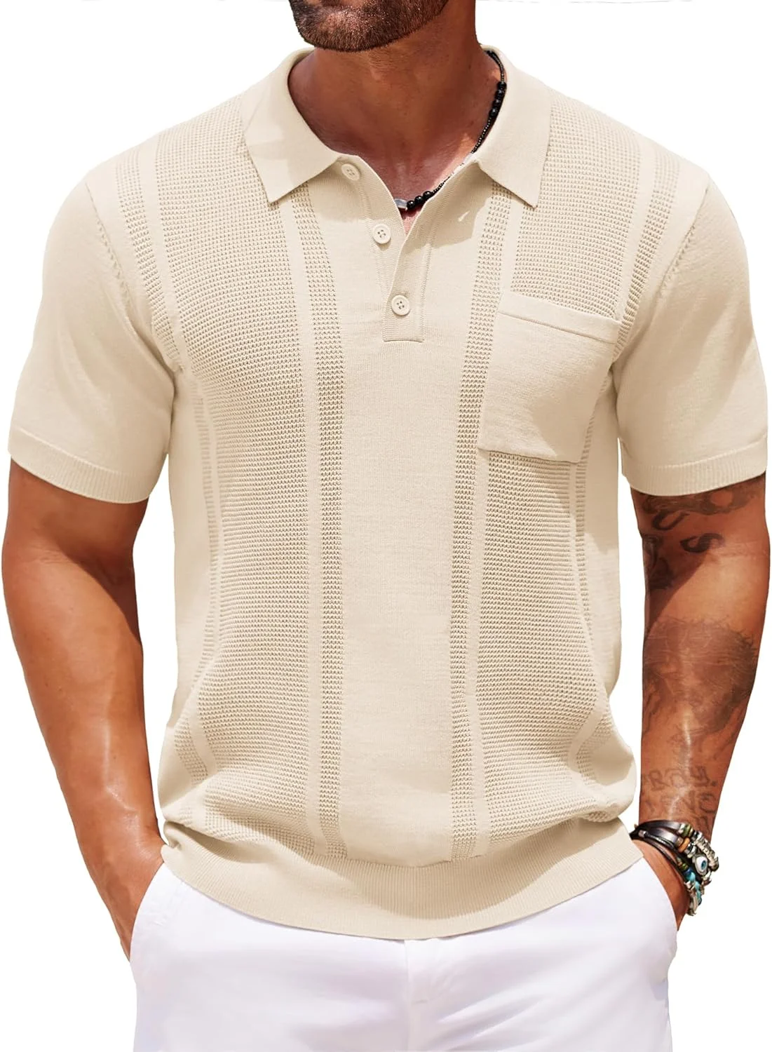 پولوشرت بافتنی مردانه COOFANDY آستین کوتاه بافت دار، پولوشرت یقه دار تابستانی Slim Fit با جیب