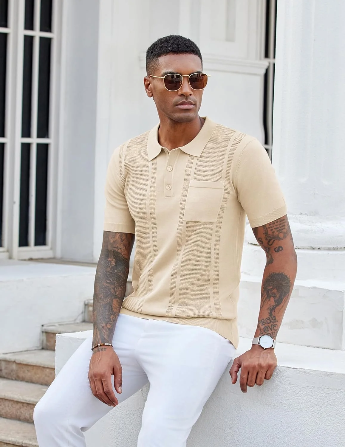 پولوشرت بافتنی مردانه COOFANDY آستین کوتاه بافت دار، پولوشرت یقه دار تابستانی Slim Fit با جیب