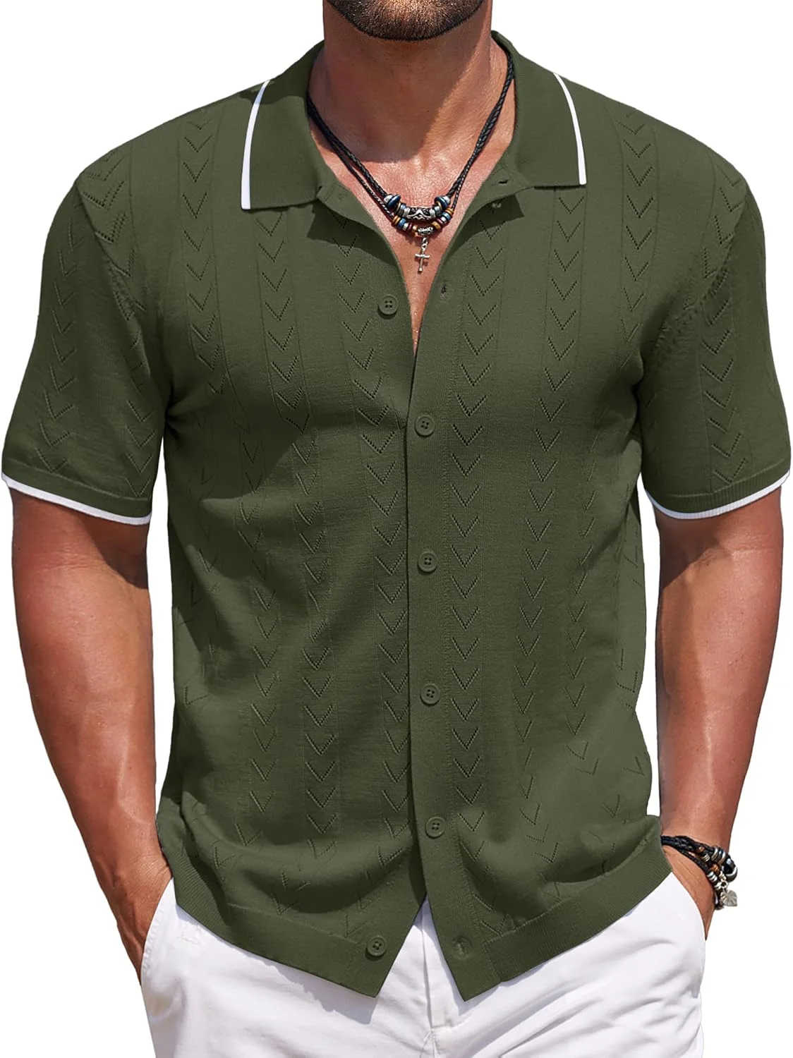 پیراهن پولو بافت مردانه دکمه دار آستین کوتاه لباس تعطیلات ساحلی تابستانی غیر رسمی