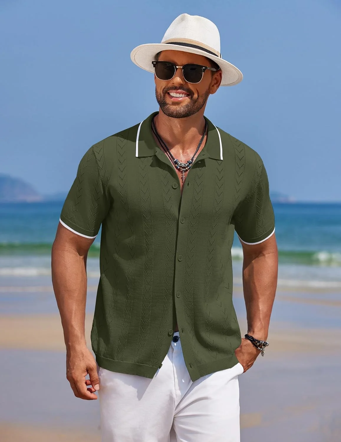 پیراهن پولو بافت مردانه دکمه دار آستین کوتاه لباس تعطیلات ساحلی تابستانی غیر رسمی