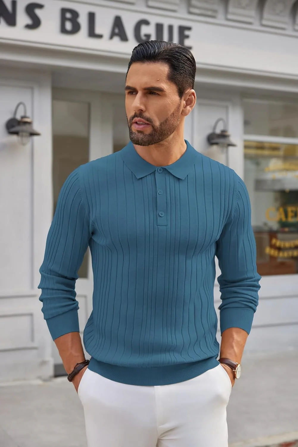 پولوشرت بافتنی مردانه COOFANDY آستین بلند، پیراهن یقه دار دکمه دار مناسب گلف - آبی