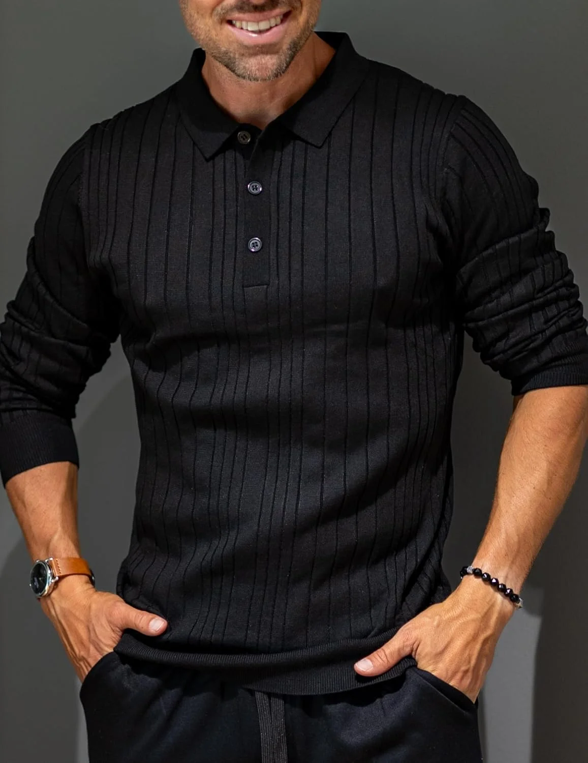 پولوشرت بافتنی مردانه COOFANDY، آستین بلند، دکمه دار، مناسب گلف، مشکی پولوشرت بافتنی مردانه COOFANDY، آستین بلند، دکمه دار، مناسب گلف، مشکی