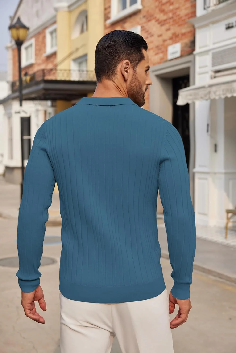 پولوشرت آستین بلند مردانه بافتنی COOFANDY - پیراهن دکمه دار بافت سبک آبی