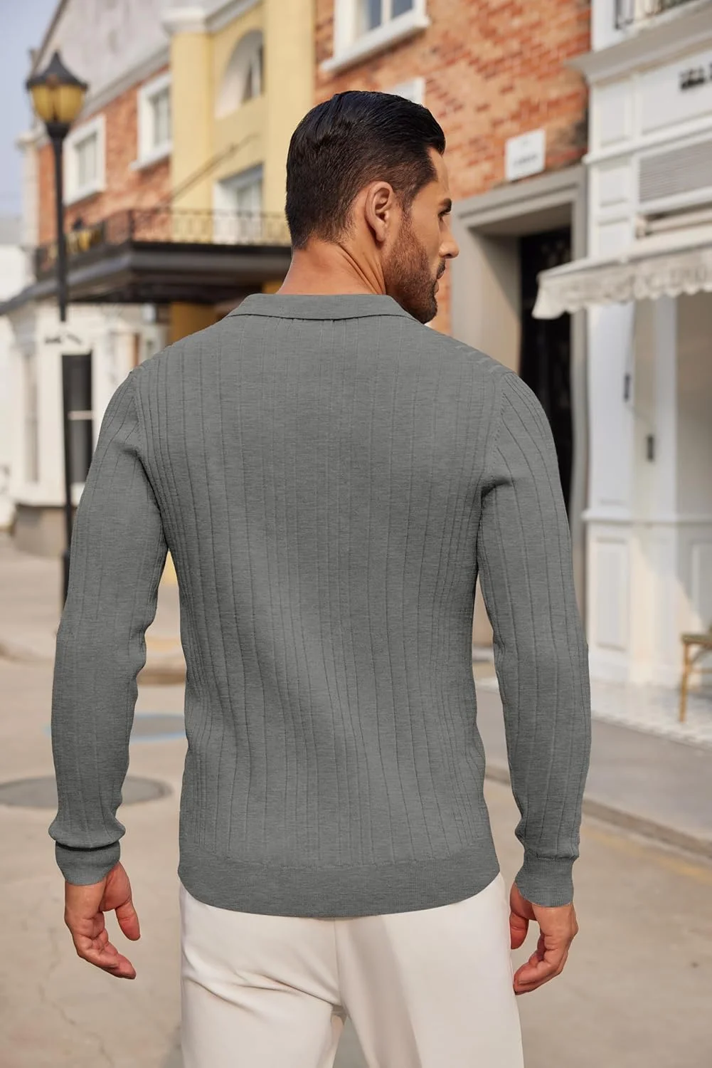 پلیور بافتنی مردانه COOFANDY، آستین بلند، یقه پولو، تاپ های دنده ای، سبک و غیر رسمی، خاکستری تیره