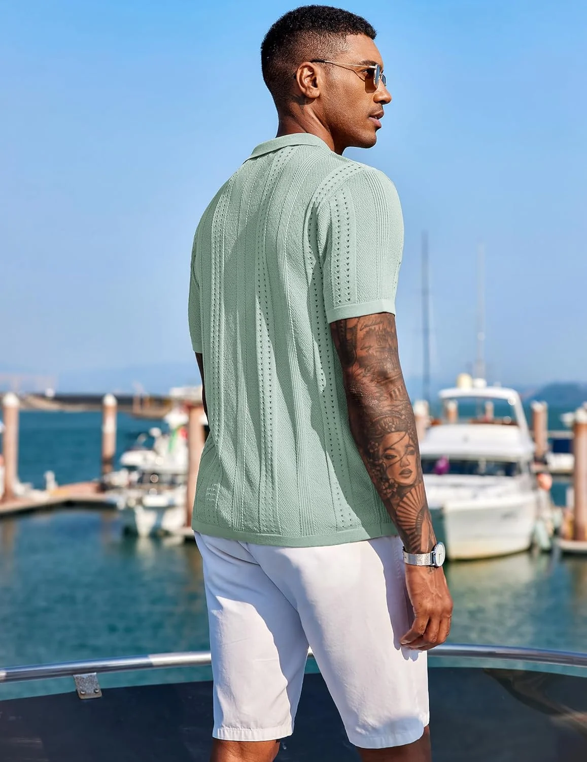 پیراهن بافتنی مردانه آستین کوتاه دکمه دار، مناسب ساحل، رنگ سبز یخی