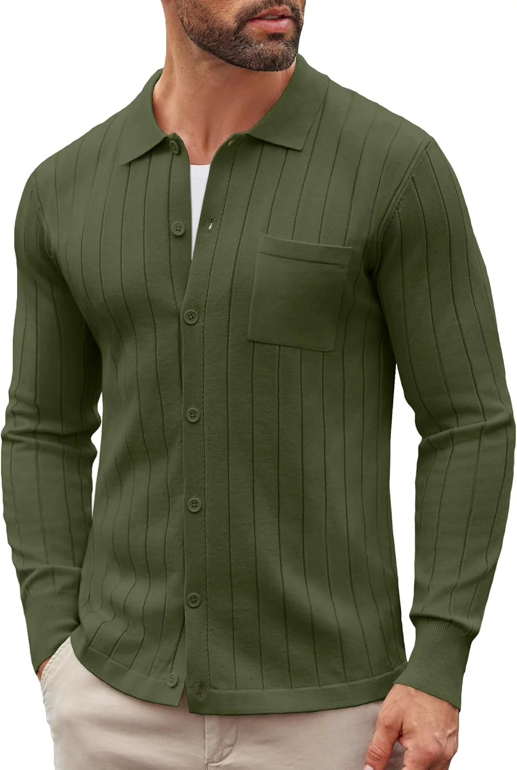 پیراهن پولو بافتنی مردانه COOFANDY آستین بلند دکمه دار یقه دار با جیب