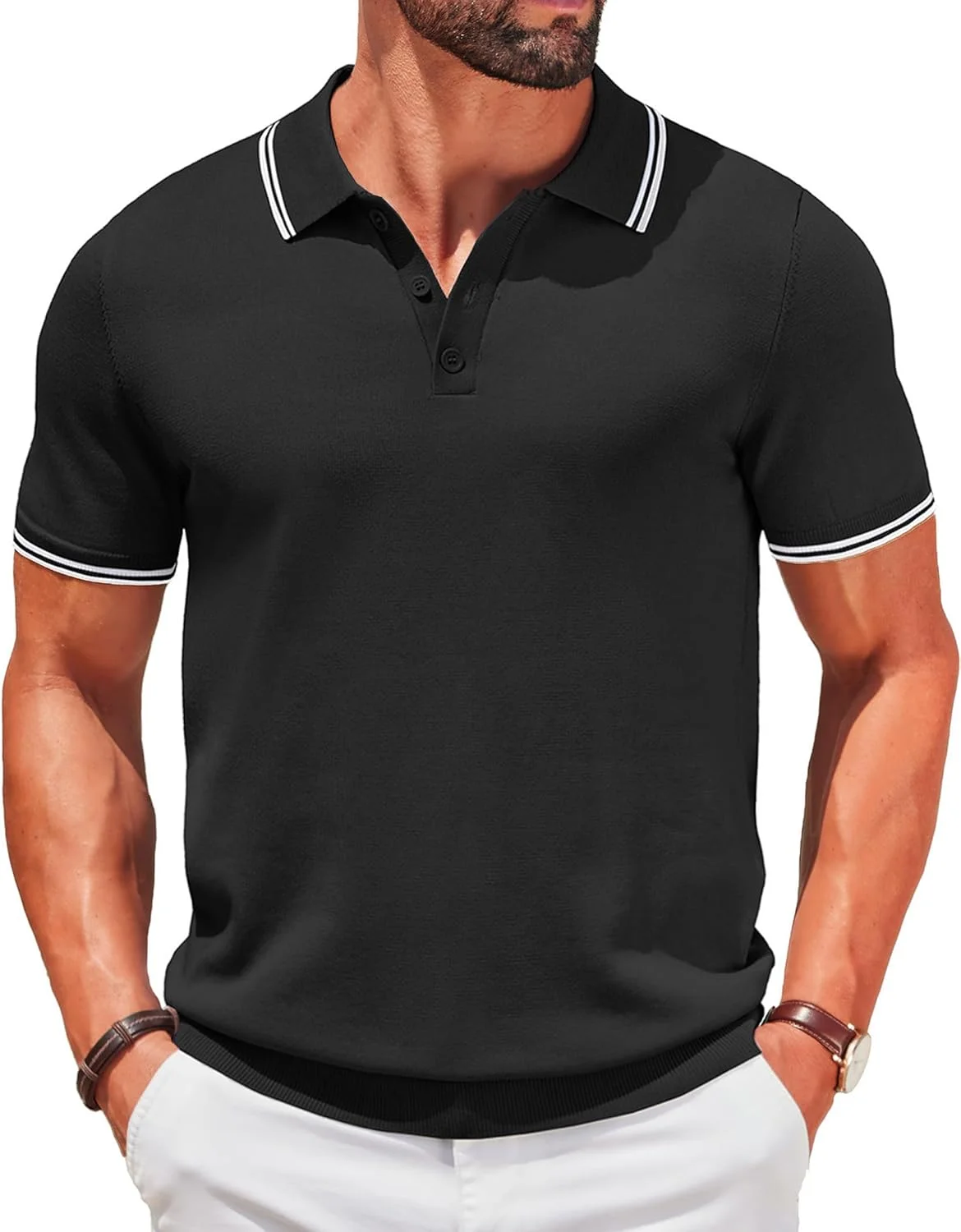 COOFANDY Men's Knit Polo Shirts Short Sleeve Casual Button Golf Polo Shirts Collared T Shirt