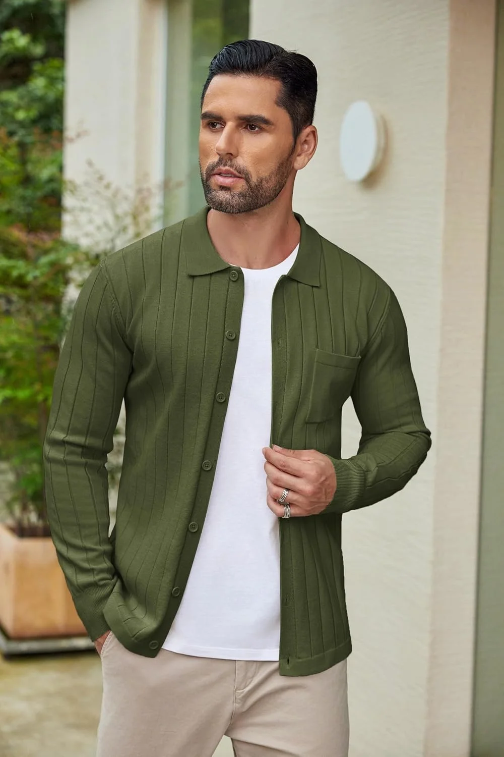 پیراهن پولو بافتنی مردانه COOFANDY آستین بلند دکمه دار یقه دار با جیب