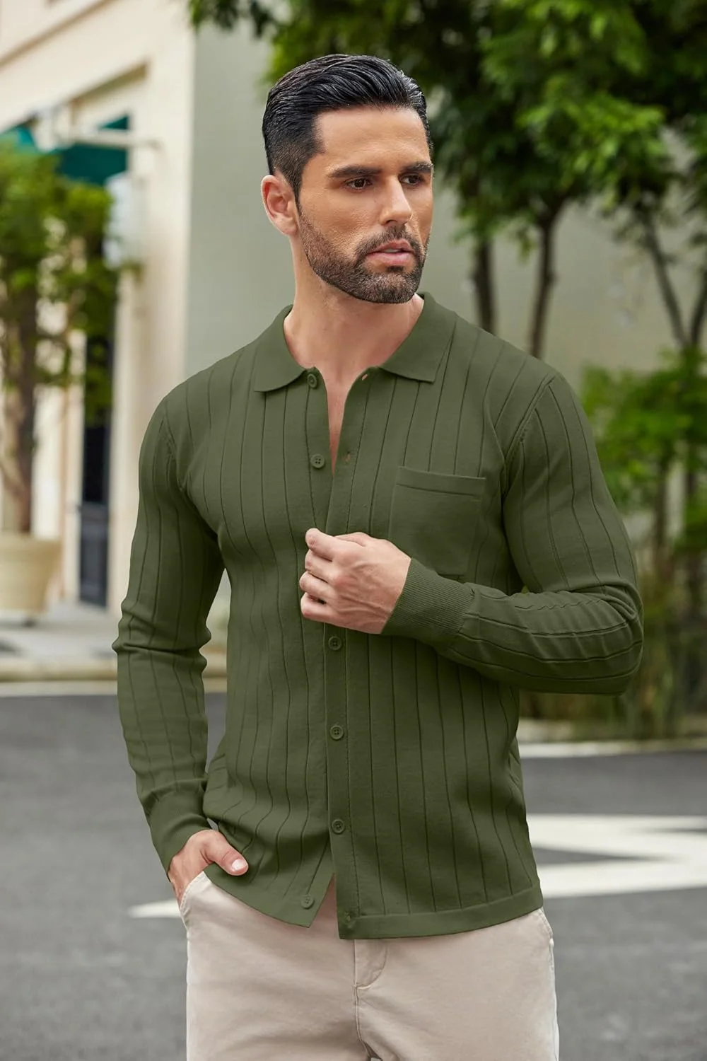 پیراهن پولو بافتنی مردانه COOFANDY آستین بلند دکمه دار یقه دار با جیب