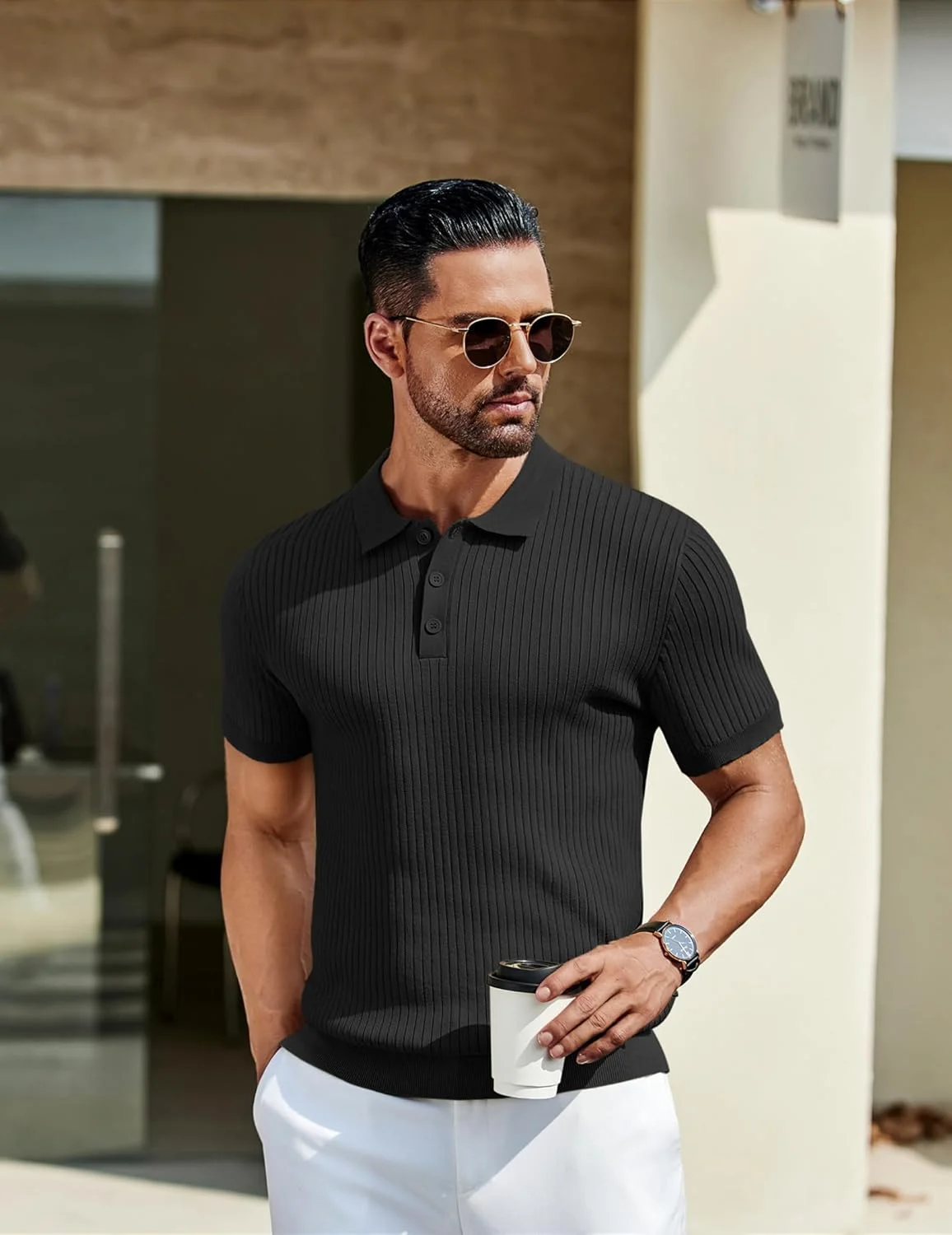 پولوشرت مردانه بافت دار COOFANDY دکمه دار آستین کوتاه یقه دار