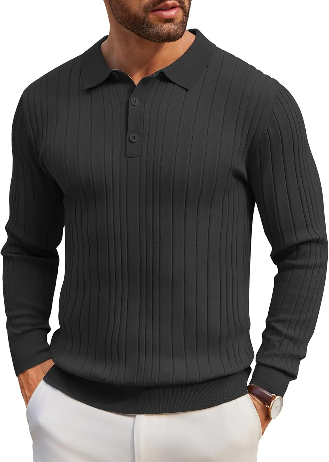 پولوشرت آستین بلند مردانه COOFANDY، بافتنی غیر رسمی، پلیور بافتنی، پیراهن یقه دار با بافت مشکی