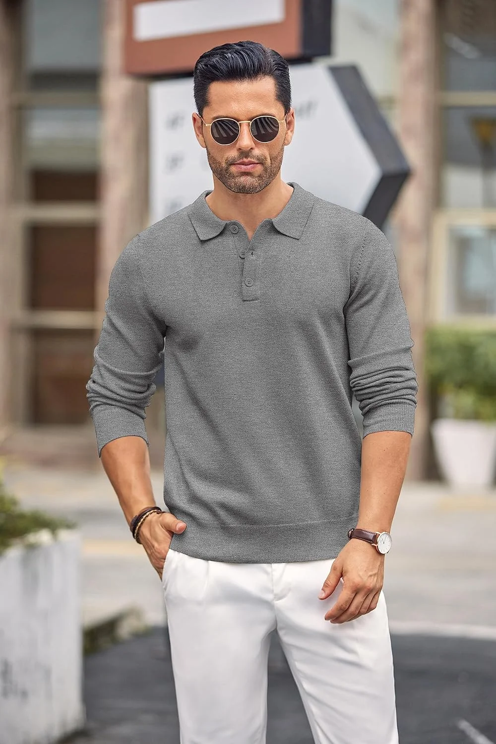 پیراهن پولو بافتنی مردانه کوفندی، آستین بلند، دکمه دار، مناسب گلف پیراهن پولو بافتنی مردانه کوفندی، آستین بلند، دکمه دار، مناسب گلف