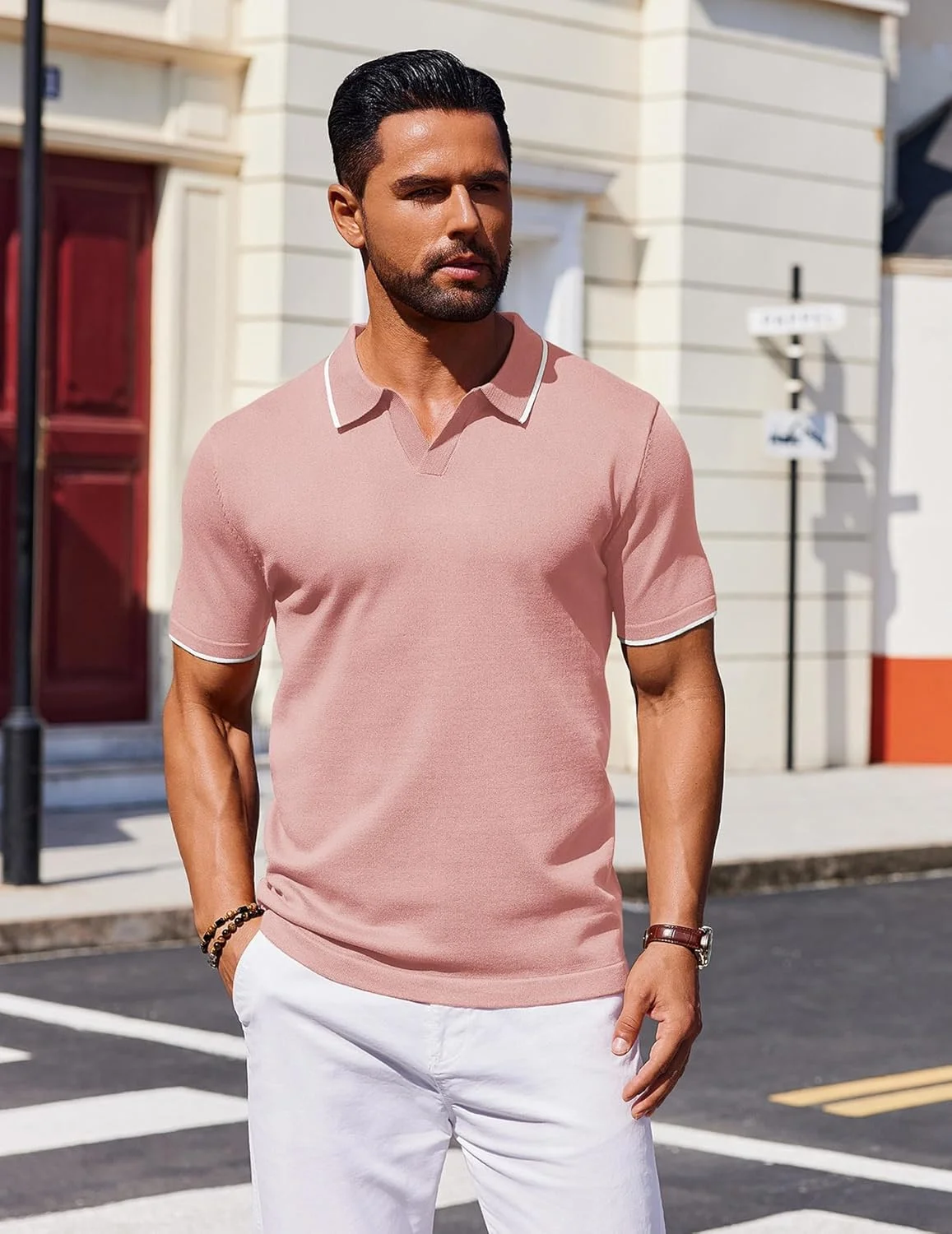 پولوشرت مردانه آستین کوتاه بافتنی کشی صورتی پولوشرت مردانه آستین کوتاه بافتنی کشی صورتی