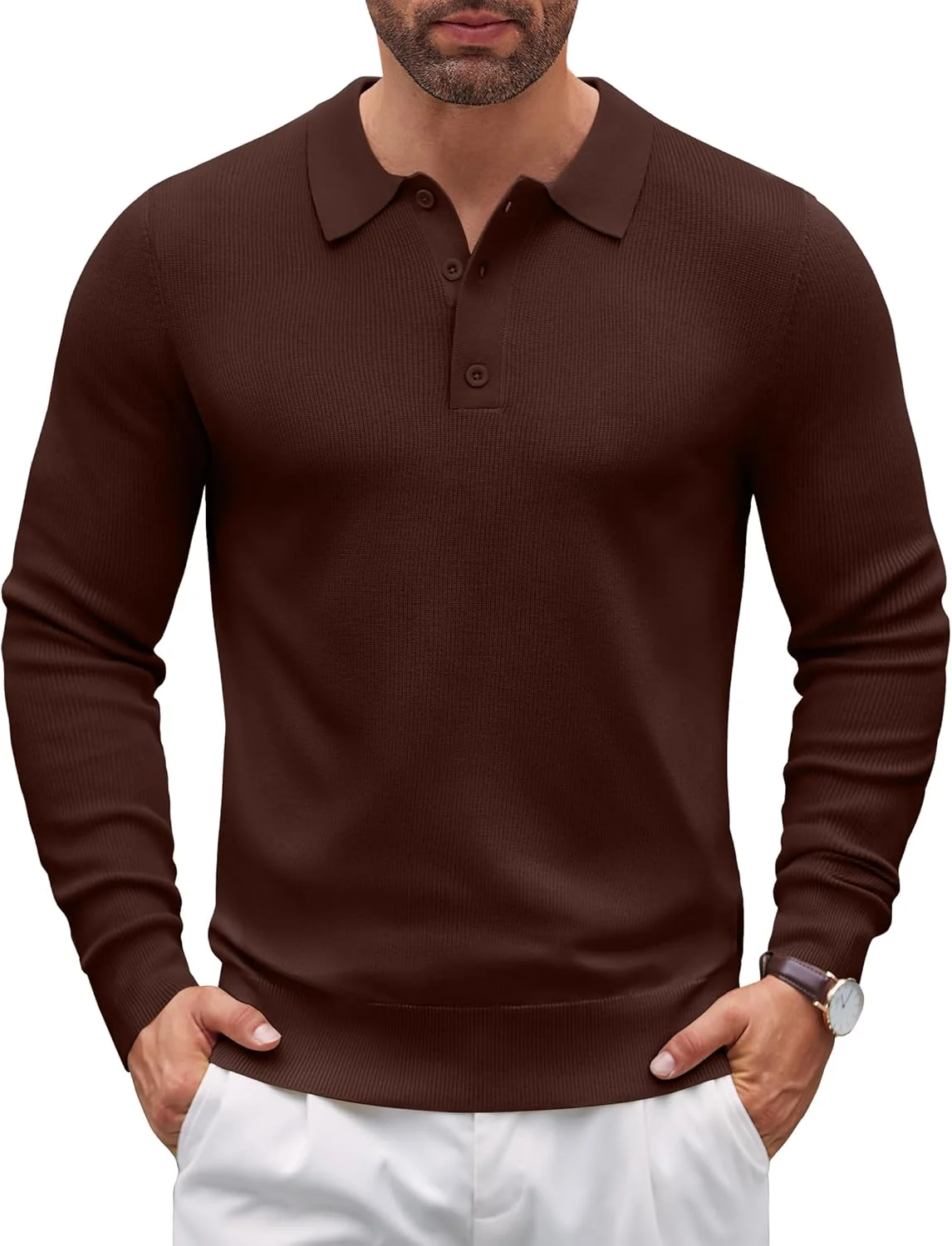 پلیور بافتنی مردانه COOFANDY، آستین بلند، یقه پولو دکمه دار، بافتنی غیر رسمی