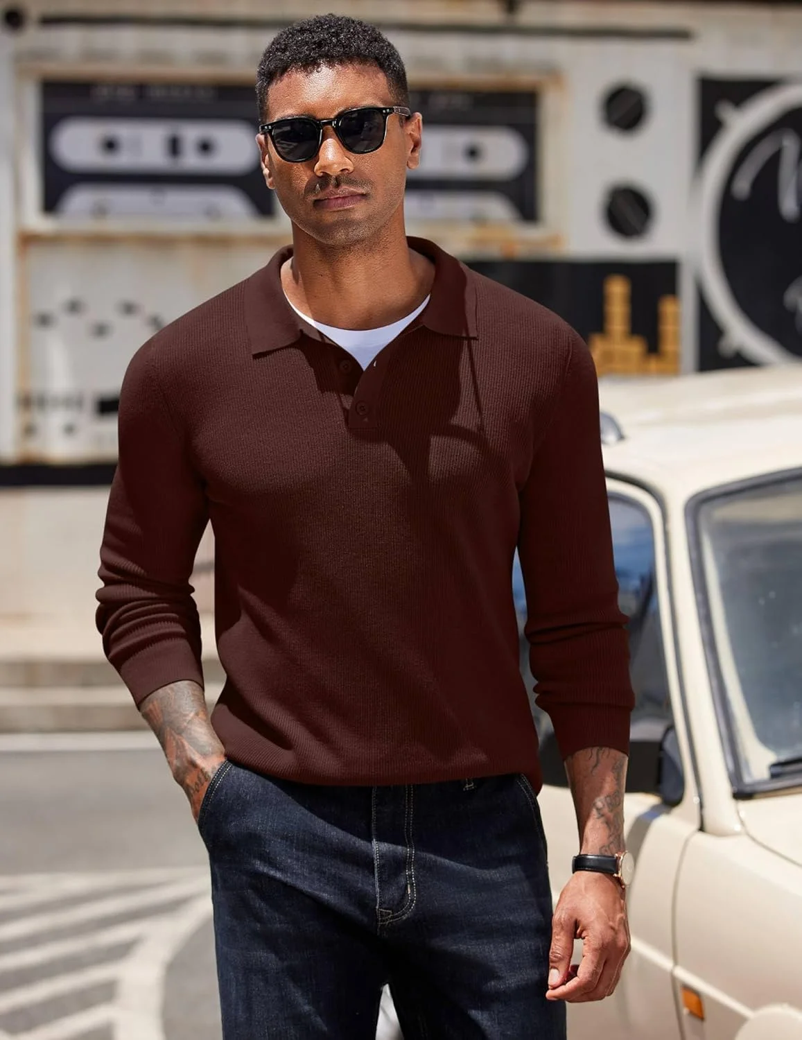 پلیور بافتنی مردانه COOFANDY، آستین بلند، یقه پولو دکمه دار، بافتنی غیر رسمی
