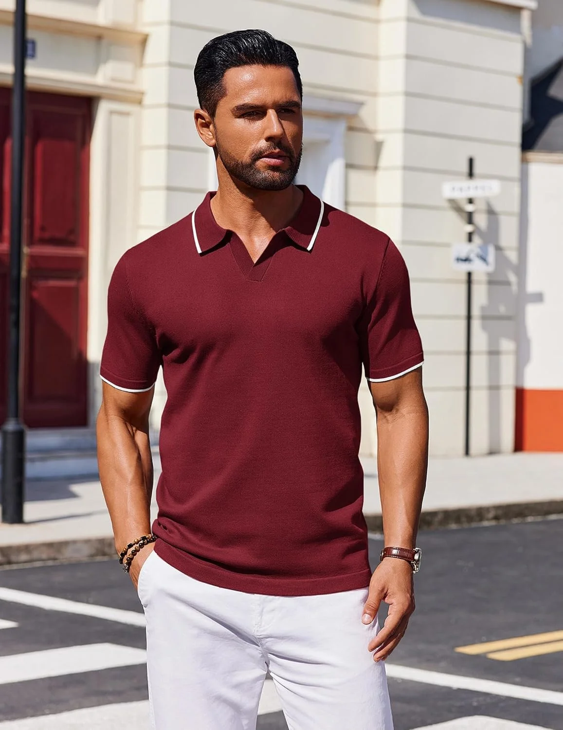 پولوشرت مردانه COOFANDY، آستین کوتاه، بافتنی کشی، مناسب گلف، رنگ قرمز شرابی پولوشرت مردانه COOFANDY، آستین کوتاه، بافتنی کشی، مناسب گلف، رنگ قرمز شرابی