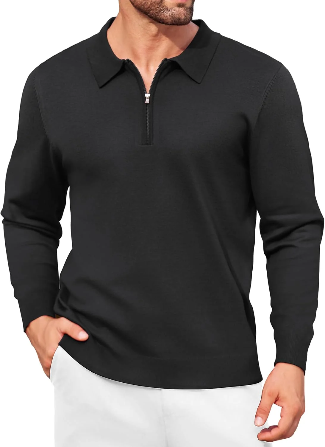 پولوشرت بافتنی مردانه COOFANDY، یقه زیپ‌دار، مدل جذب، آستین بلند