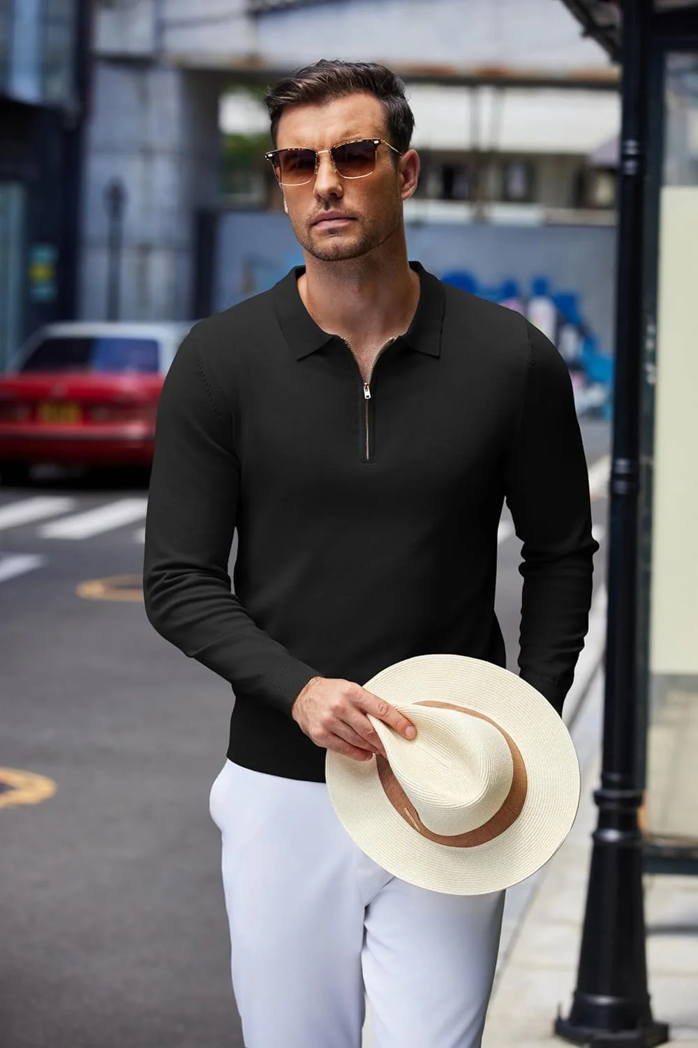 پولوشرت بافتنی مردانه COOFANDY، یقه زیپدار، مدل جذب، آستین بلند پولوشرت بافتنی مردانه COOFANDY، یقه زیپدار، مدل جذب، آستین بلند