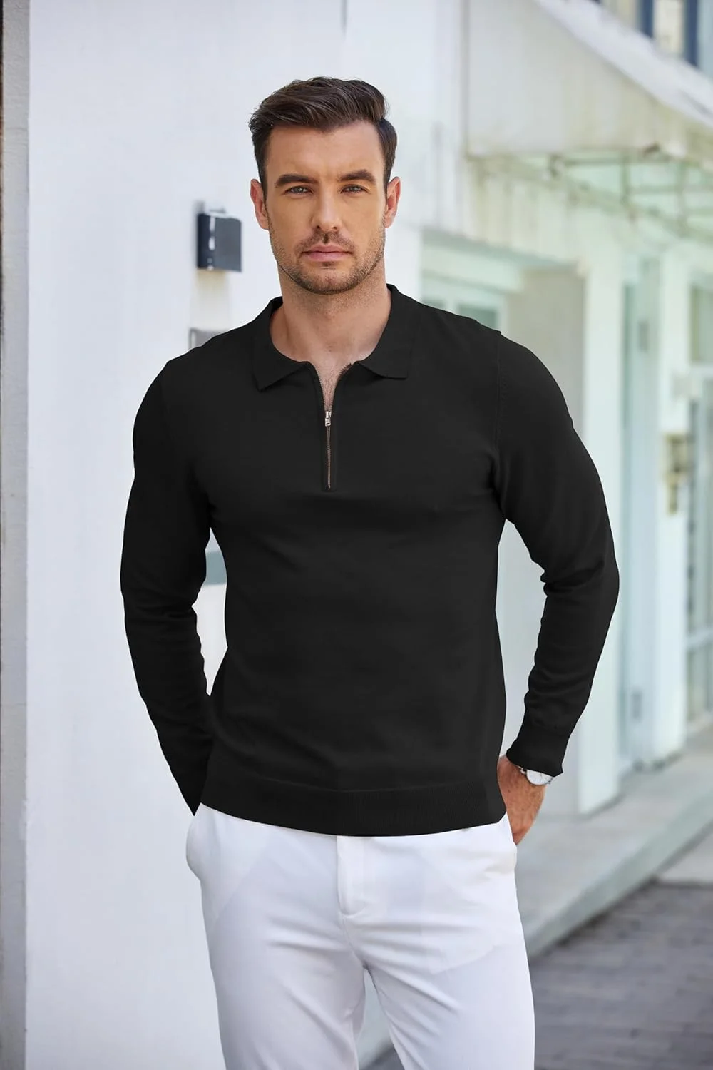 پولوشرت بافتنی مردانه COOFANDY، یقه زیپدار، مدل جذب، آستین بلند پولوشرت بافتنی مردانه COOFANDY، یقه زیپدار، مدل جذب، آستین بلند