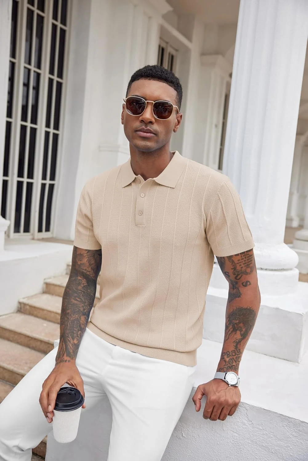 پیراهن چوگان مردانه COOFANDY، پیراهن های یقه دار بافتنی راه راه، پیراهن های چوگان غیر رسمی تجاری، پیراهن های یقه دار با بافت قدیمی، لباس های تابستانی مد روز 2025، خاکی روشن