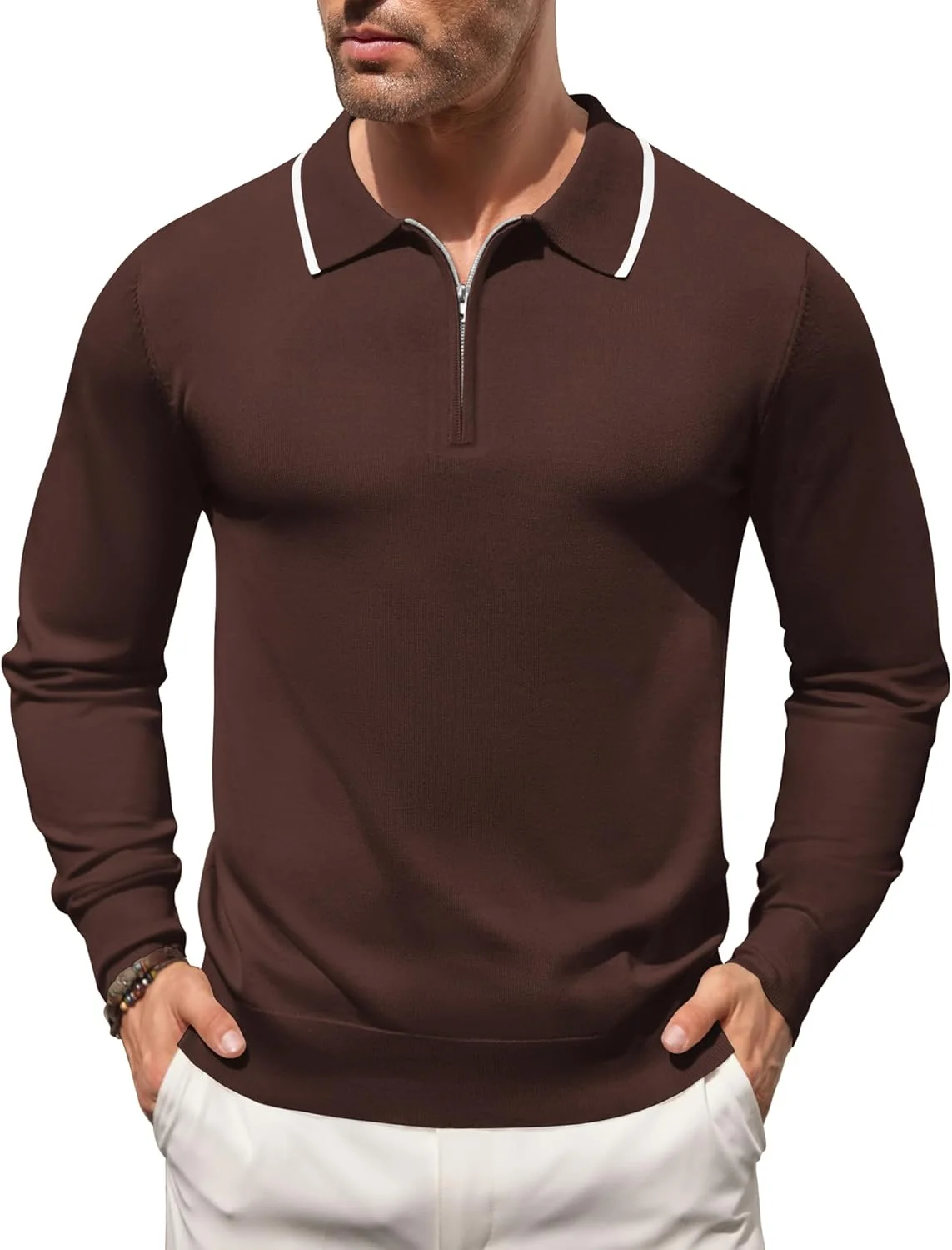 پولوشرت بافتنی مردانه COOFANDY آستین بلند یقه زیپ دار یک ربع آستین بلند پیراهن گلف غیر رسمی یقه راه راه طرح قدیمی