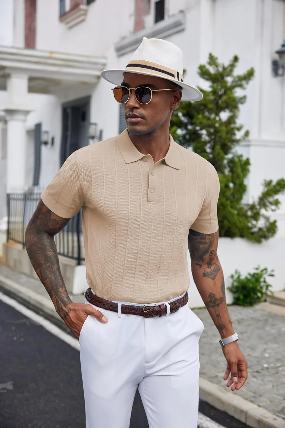 پیراهن چوگان مردانه COOFANDY، پیراهن های یقه دار بافتنی راه راه، پیراهن های چوگان غیر رسمی تجاری، پیراهن های یقه دار با بافت قدیمی، لباس های تابستانی مد روز 2025، خاکی روشن