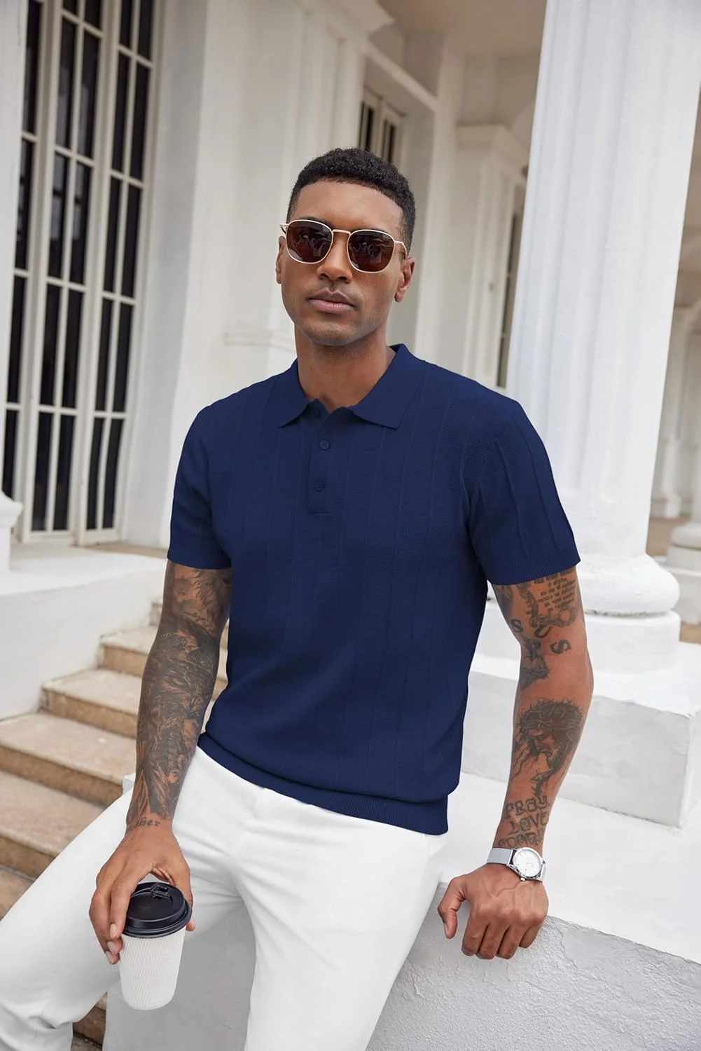 پیراهن پولو بافتنی مردانه کوفندی، پیراهن پولو بافت دار تجاری آستین کوتاه با یقه، پیراهن پولو سایز بزرگ سرمه ای