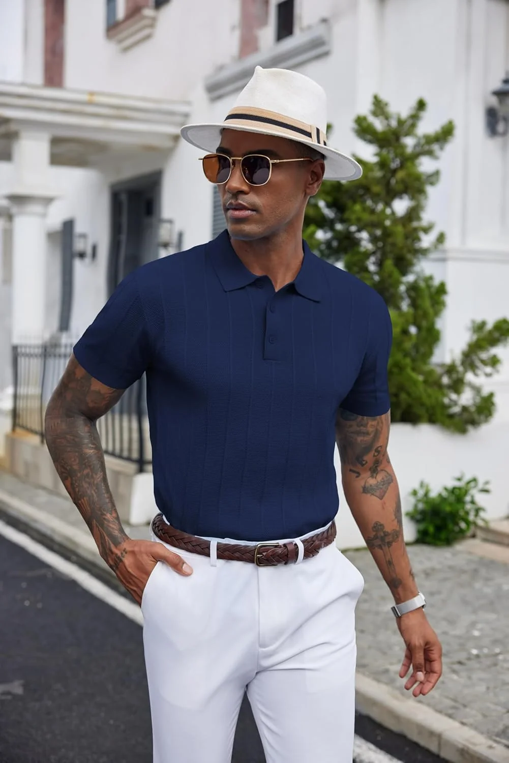 پیراهن پولو بافتنی مردانه کوفندی، پیراهن پولو بافت دار تجاری آستین کوتاه با یقه، پیراهن پولو سایز بزرگ سرمه ای