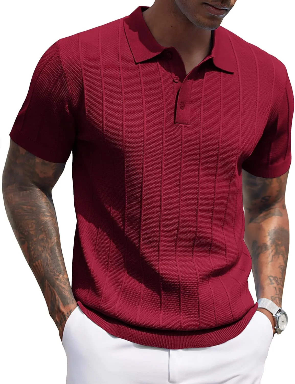 پیراهن چوگان مردانه بافتنی راه راه COOFANDY، پیراهن های چوگان غیر رسمی تجاری، پیراهن های یقه دار با بافت قدیمی، لباس های تابستانی مد روز 2025، رنگ قرمز شرابی