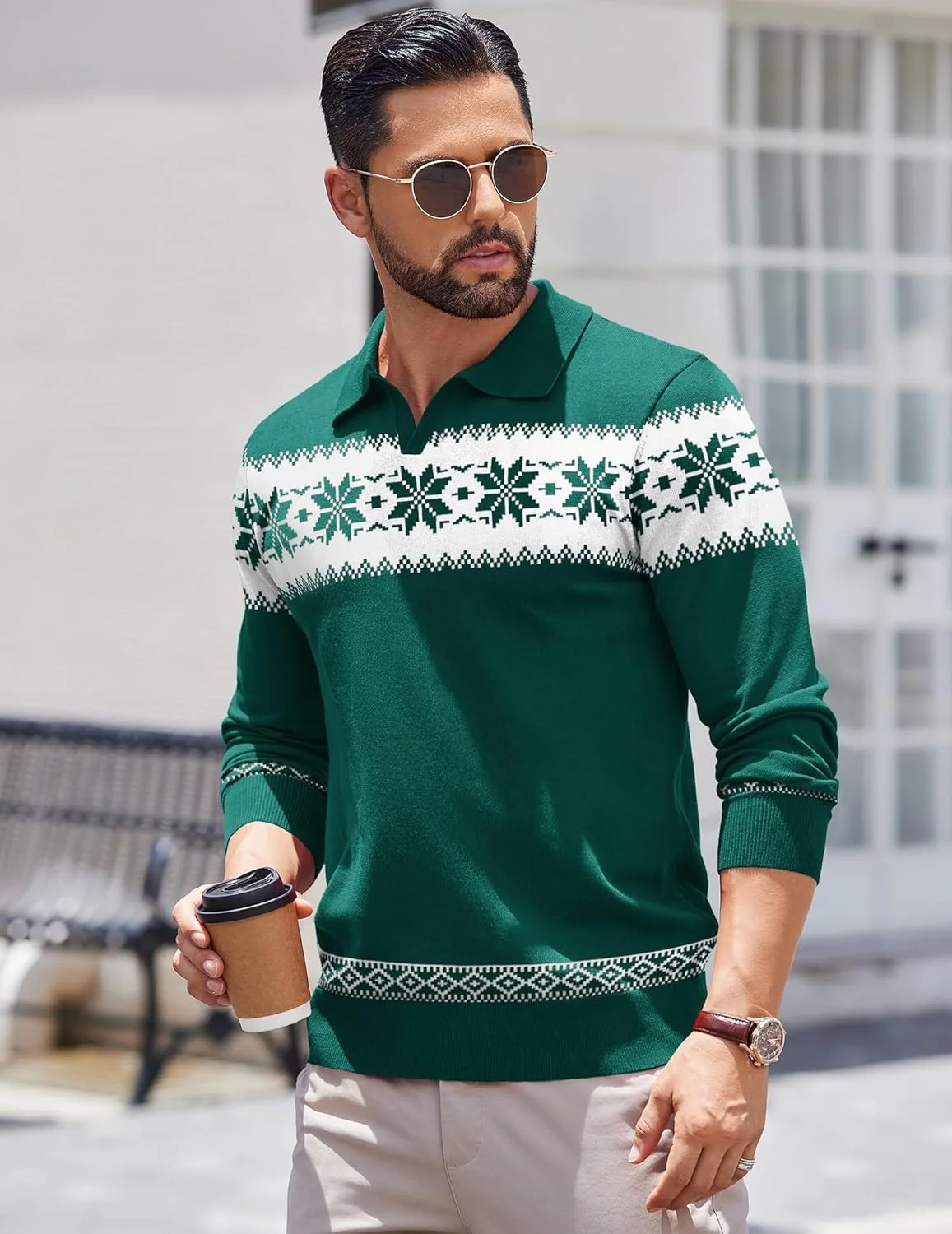 پولوشرت آستین بلند مردانه بافتنی یقه پولو، پلیور سبک وزن دنده ای