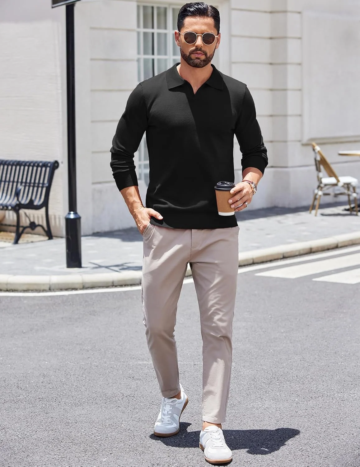 پولوشرت آستین بلند مردانه COOFANDY، پلیور بافتنی سبک وزن و کشباف