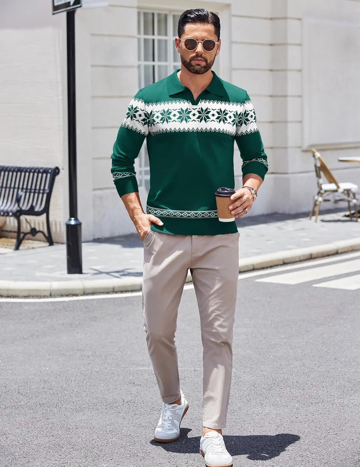 پولوشرت آستین بلند مردانه بافتنی یقه پولو، پلیور سبک وزن دنده ای