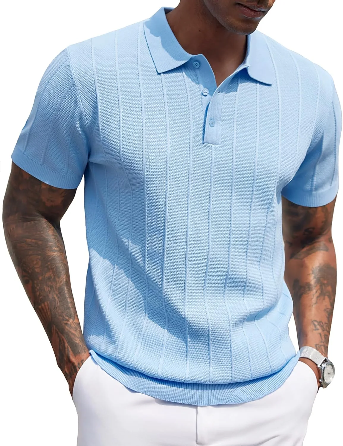 پیراهن پولو مردانه COOFANDY آستین کوتاه، مدل کلاسیک، بافتنی، یقه دار، پایین کشبافت، پیراهن های پولو با بافت کژوال، تی شرت های فشن، آبی روشن