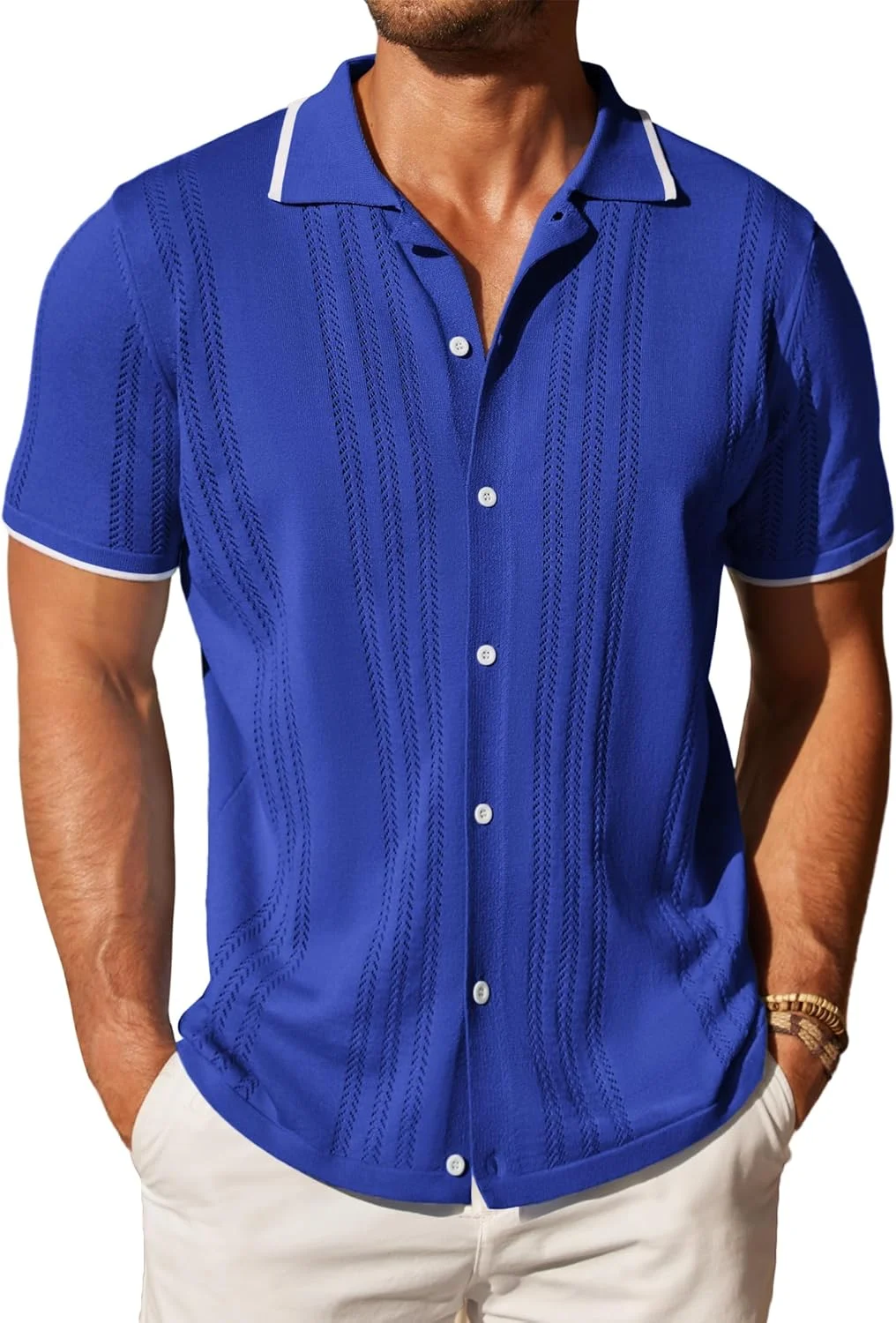 پیراهن دکمه دار بافتنی مردانه COOFANDY، پولوشرت آستین کوتاه طرح قدیمی، تاپ های ساحلی غیر رسمی