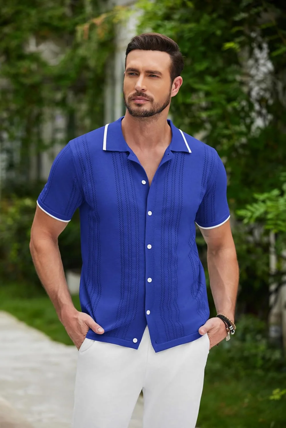 پیراهن دکمه دار بافتنی مردانه COOFANDY، پولوشرت آستین کوتاه طرح قدیمی، تاپ های ساحلی غیر رسمی