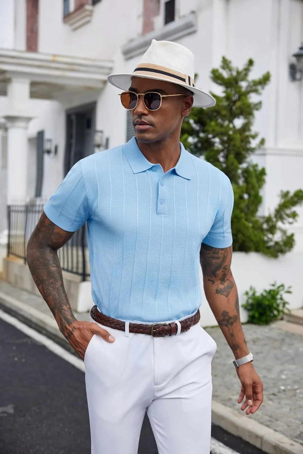 پیراهن پولو مردانه COOFANDY، آستین کوتاه، مدل کلاسیک، بافتنی، یقه دار، پایین کشبافت، پیراهن های پولو غیر رسمی، تی شرت های شیک، آبی روشن پیراهن پولو مردانه COOFANDY، آستین کوتاه، مدل کلاسیک، بافتنی، یقه دار، پایین کشبافت، پیراهن های پولو غیر رسمی، تی شرت های شیک، آبی روشن