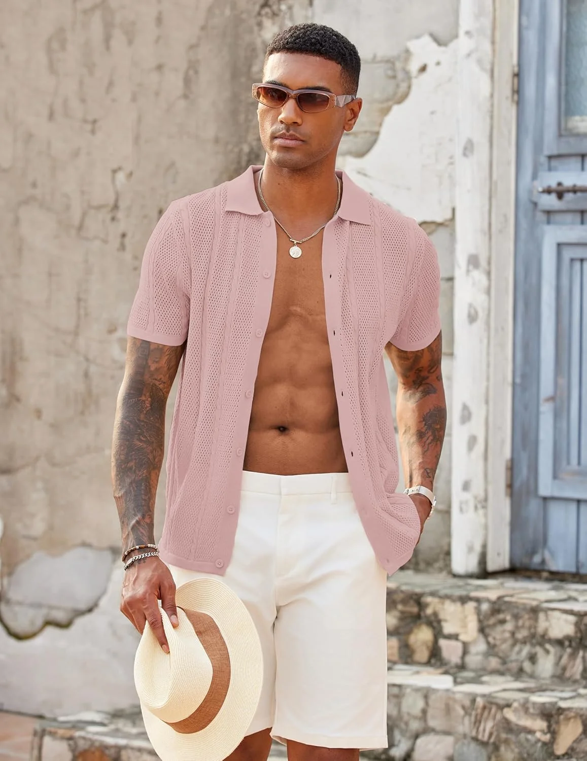 پیراهن مردانه دکمه دار بافتنی COOFANDY، پولوشرت آستین کوتاه طرح دار غیر رسمی، تاپ ساحلی تابستانی وینتیج پیراهن مردانه دکمه دار بافتنی COOFANDY، پولوشرت آستین کوتاه طرح دار غیر رسمی، تاپ ساحلی تابستانی وینتیج