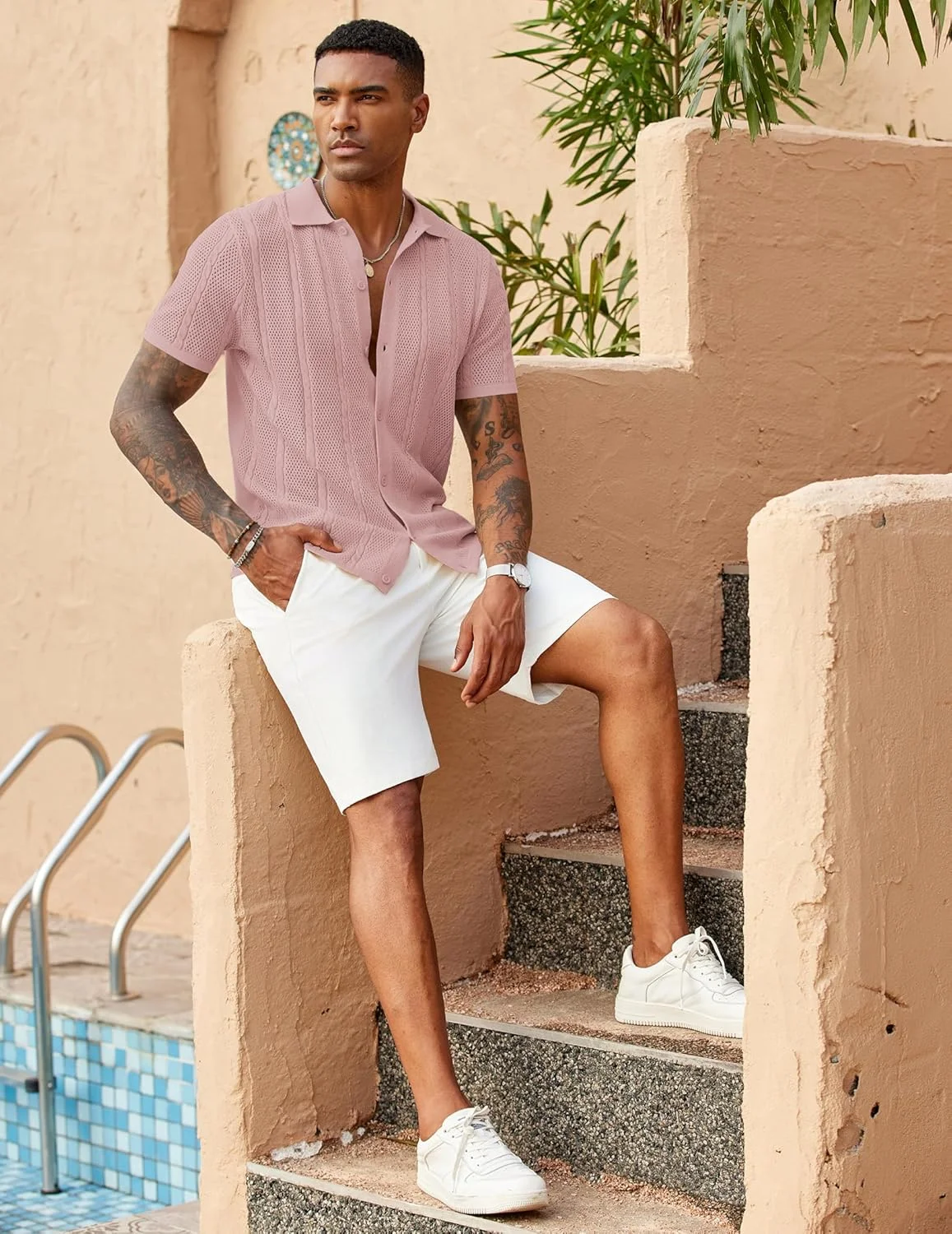 پیراهن مردانه دکمه دار بافتنی COOFANDY، پولوشرت آستین کوتاه طرح دار غیر رسمی، تاپ ساحلی تابستانی وینتیج پیراهن مردانه دکمه دار بافتنی COOFANDY، پولوشرت آستین کوتاه طرح دار غیر رسمی، تاپ ساحلی تابستانی وینتیج