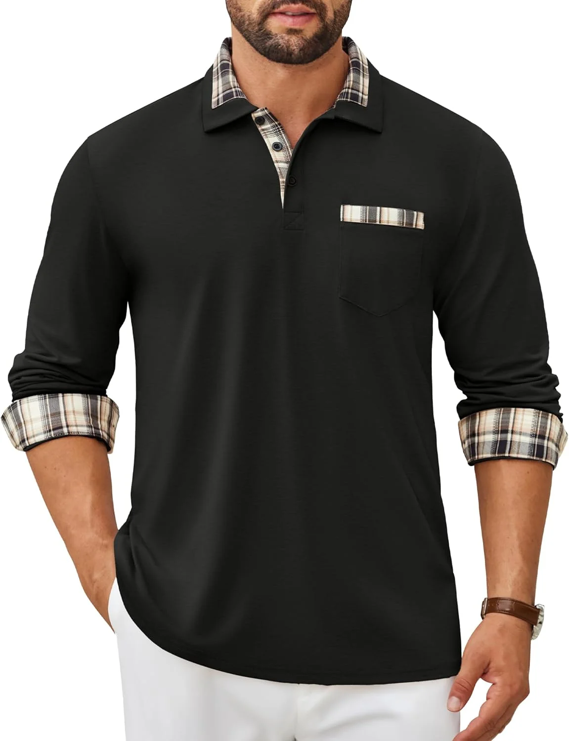 پولوشرت آستین بلند مردانه دکمه دار یقه دار طرح چهارخانه به همراه جیب